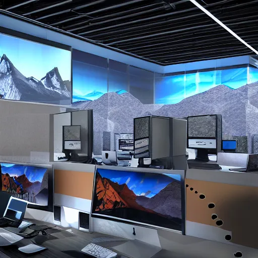 Image similar to a mountain made out of computer screens in a crowded office with cubicles, the computer screens have bitcoin logos, unreal engine 5, harsh contrast lighting