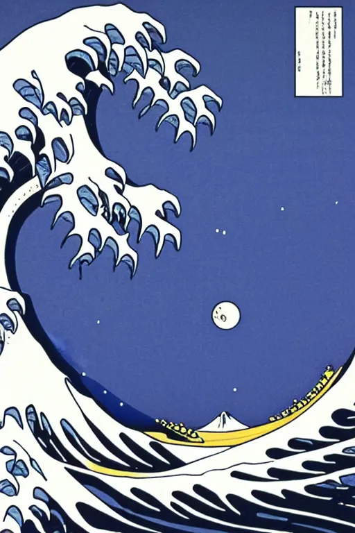 Image similar to Patrick Nagel Poster of The Great Wave off Kanagawa, White Moon in the background, Mount Fuji, box art