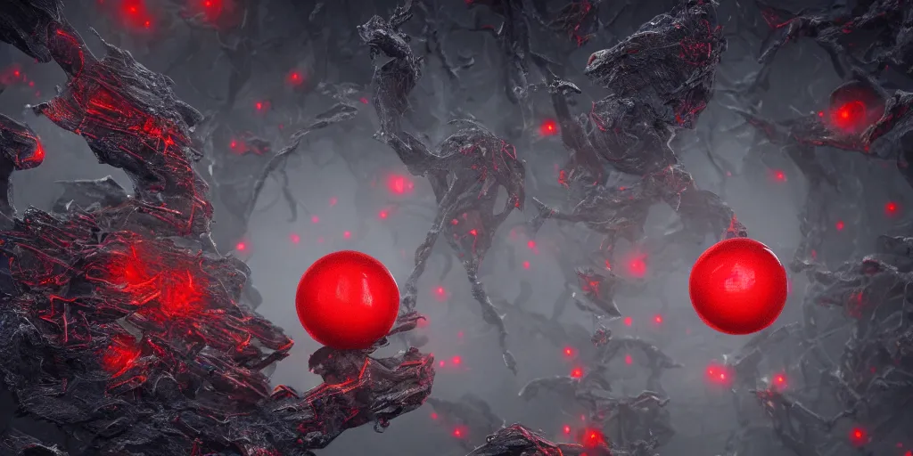 Image similar to spooky tiny red ball, realistic 4 k octane beautifully detailed render, 4 k post - processing, highly detailed, intricate complexity, epic composition, magical atmosphere, cinematic lighting, masterpiece, ultra hd