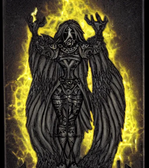 Image similar to raven standing on a large tombstone relic with glowing sigils on it, midnight death fog colors!