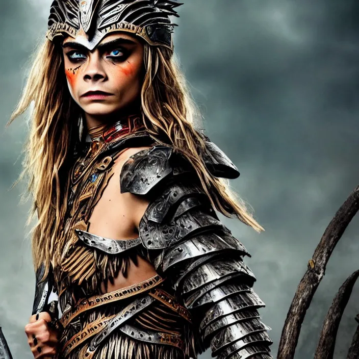 Image similar to professional full length photograph of cara delevingne as an amazon warrior. Extremely detailed. 8k