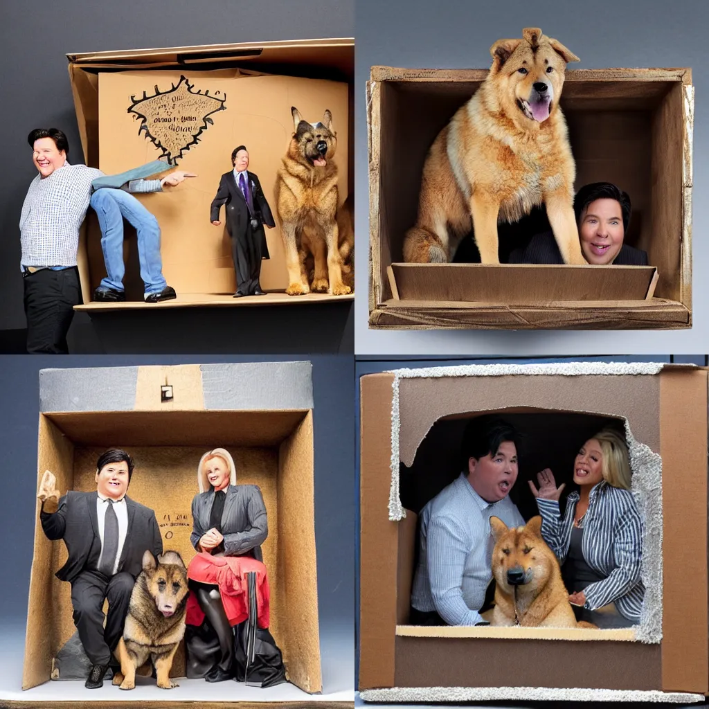 Prompt: a giant alsatian in a box, with Michael McIntyre and a small blonde woman, Grek Rutkowski, intricate, very detailed