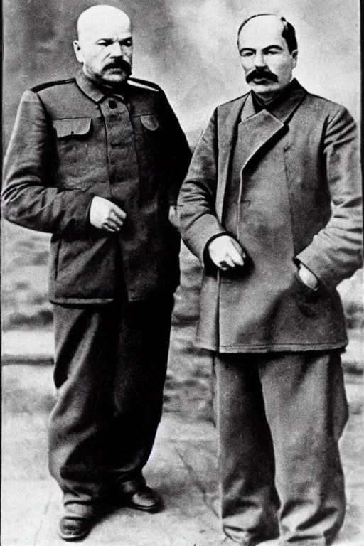 Prompt: Lenin und Stalin denken an alle Menschen zerstören. 1917 Jahre, foto in farbe.
