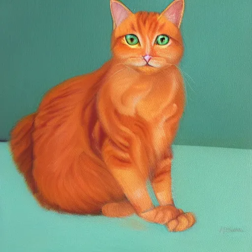 Image similar to oil painting of longhaired light orange and medium orange cat with green eyes, bushy tail, pointy ears, artistic, elegant,