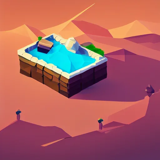 Image similar to boat in the dessert filled with gems, game concept, low poly, isometric