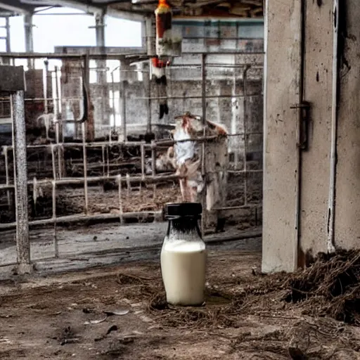 Image similar to dirty bottle of milk and a cow inside rusted slaughterhouse