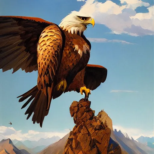 Image similar to greg manchess painting of eagle hunter sitting on the background of mountains in kyrgyzstan, medium shot, asymmetrical, organic painting, sunny day, matte painting, bold shapes, hard edges, street art, trending on artstation, by huang guangjian and gil elvgren and sachin teng