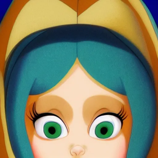 Image similar to Disney animation of a cute blonde girl with green eyes, symmetrical face