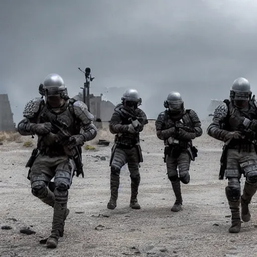 Prompt: Mercenaries wearing grey body armor and FAST-MT combat helmets fighting a bloody battle, photo by Adam Ferguson, Pulitzer Winning, cinematic composition, breathtaking, modern, 8k, taken in 2022