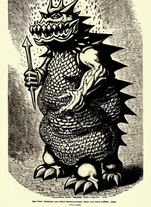 Image similar to illustration of bowser the king koopa as a demon from the dictionarre infernal, etching by louis le breton, 1 8 6 9, 1 2 0 0 dpi scan, ultrasharp detail, clean scan