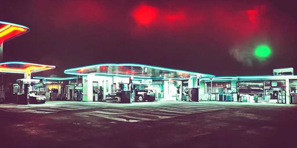 Image similar to “hyper realistic gas station, neon, fog, atmospheric lighting, neon glow, full of colour, photorealistic, award winning photography”