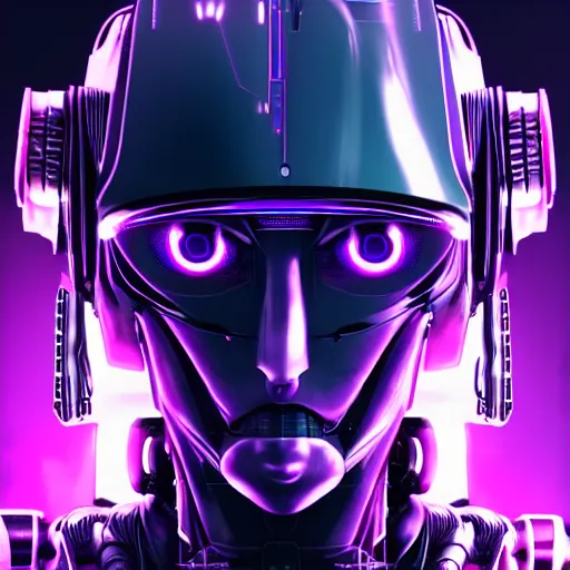 Image similar to Head of a robot with purple glowing eyes in cyberpunk neon Tokyo in style of Tsutomu Nihei. Cyberpunk, vertical symmetry, 8K, Highly Detailed, Intricate.