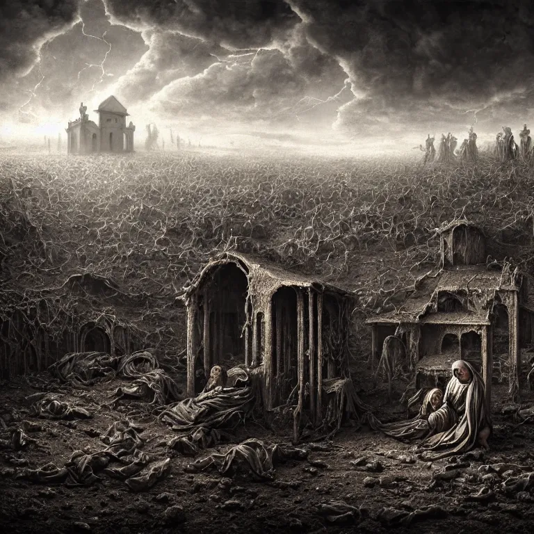 Image similar to ribbed abandoned Nativity of Jesus scene, baroque painting, standing in a desolate empty wasteland, creepy, nightmare, dream-like heavy atmosphere, surreal abandoned buildings, beautiful detailed intricate insanely detailed octane render trending on Artstation, 8K artistic photography, photorealistic, chiaroscuro, Raphael, Caravaggio, Beksinski, Giger