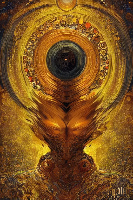 Prompt: Intermittent Chance of Chaos Muse by Karol Bak, Jean Deville, Gustav Klimt, and Vincent Van Gogh, enigma, destiny, fate, unearthly gears, otherworldly, fractal structures, arcane, prophecy, ornate gilded medieval icon, third eye, spirals