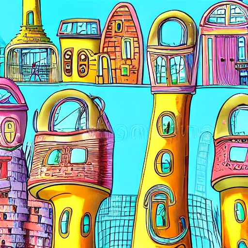 Image similar to fanciful city filled with curvy buildings, by dr seuss, oh the places you'll go, arches, platforms, towers, bridges, stairs, colorful kids book illustration