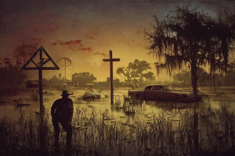 Image similar to scene from louisiana swamps, portrait, voodoo cult, old protestant church with neon satanic pentagram, junkyard by the road, boy scout troop, voodoo artwork by tim eitel