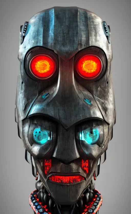 Image similar to cyberpunk tribal mask, robot, japanese pottery, vivid colors, wood, metal, intricate details, trending on cgsociety, concept art, glowing eyes, sharp focus, ultra realistic details, cinematic atmosphere, global illumination, shadows, octane render, 8 k