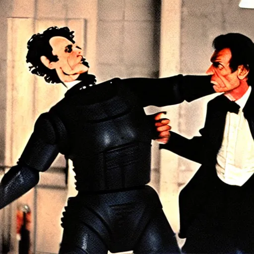 Prompt: robocop punching abraham lincoln, movie still