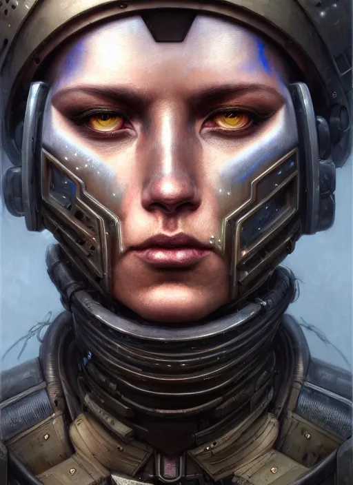 Image similar to closeup portrait shot of a cyberpunk soldier in a scenic dystopian environment, intricate, elegant, highly detailed, centered, digital painting, artstation, concept art, smooth, sharp focus, illustration, artgerm, tomasz alen kopera, peter mohrbacher, donato giancola, joseph christian leyendecker, wlop, boris vallejo