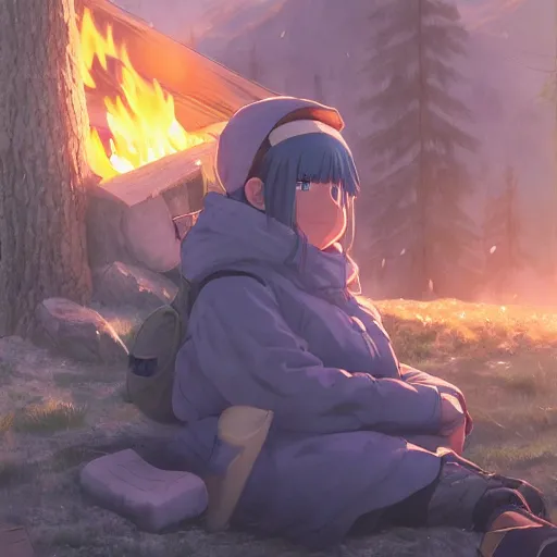 Image similar to yuru camp anime campfire hyperdetailed blue eyes, trending on artstation, cinematic lighting, highly realistically detailed, trending on pixiv , Unreal Engine 4k, detailed faces, manga cover, official anime key visual by greg rutkowski