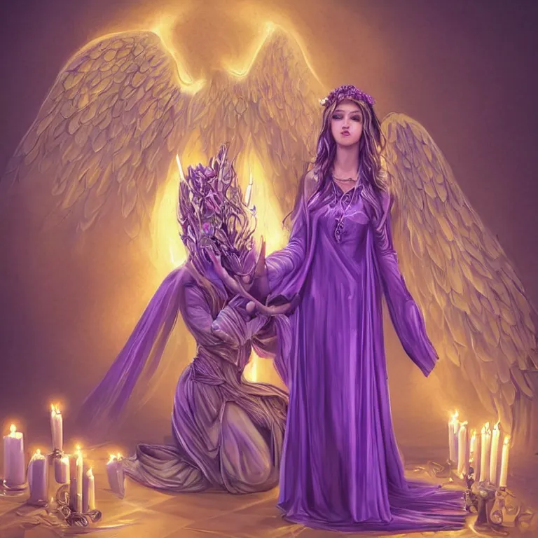 Prompt: a gorgeous woman with an extravagant purple dress kneels before an altar, praying with her head bowed down, illuminated by candlelight, angel wings, high fantasy art, illustrative, digital art, 3 d modeling, light painting, night scene, realistic art, illustration, painted, golden ratio!!