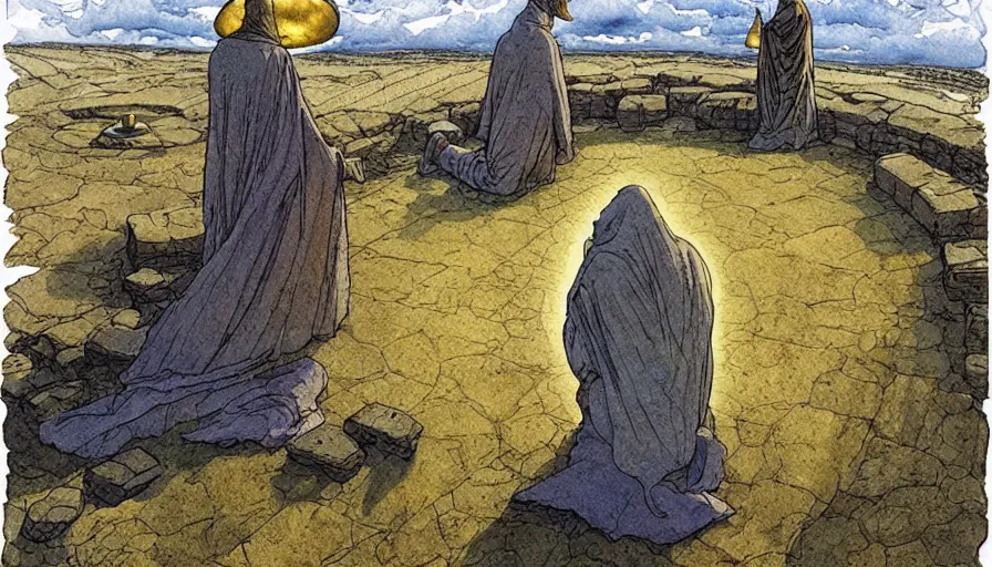 Image similar to a realistic and atmospheric watercolour fantasy concept art of a golden ufo landing on top of stonehenge. a giant medieval monk in grey robes on his knees praying. muted colors. by rebecca guay, michael kaluta, charles vess and jean moebius giraud