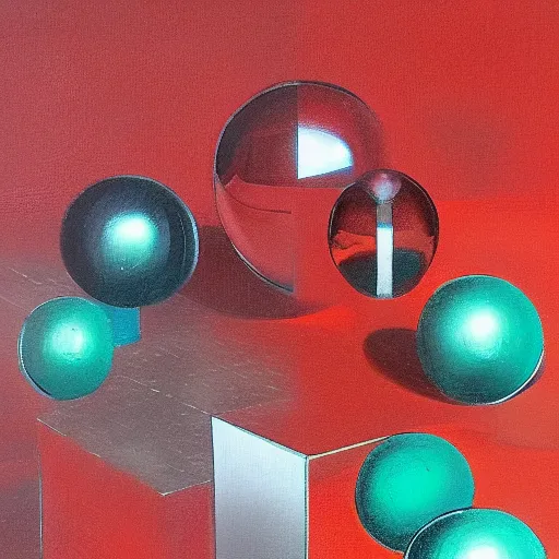 Prompt: chrome spheres on a red cube by robert walter weir