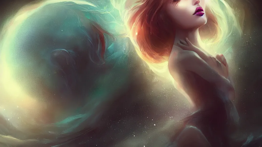 Image similar to whimsical, a single beautiful playful woman, wearing professional makeup, standing in a lake, under the stars, with a binary black hole with a ring in the sky, by Lois van Baarle, by Greg Rutkowski, by artgerm, by ross tran, cinematic angle, face enhance, volumetric lighting, cinematic lighting, digital art, 4k resolution, octane render, trending on artstation, masterpiece