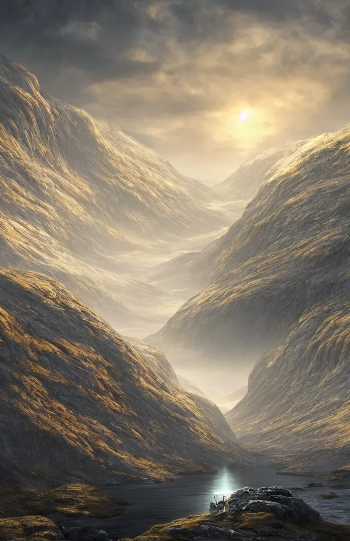 Image similar to a highly detailed glowing portal within an norway landscape, detailed, high mountains, hyperreal phantastic, uplight, intricate details in environment, luminance, golden ratio, high aestehtic, cinematic light dramatic light, godrays, distance, hyperreal, photobash, wideangle, terrence malick, hyperreal 4 k