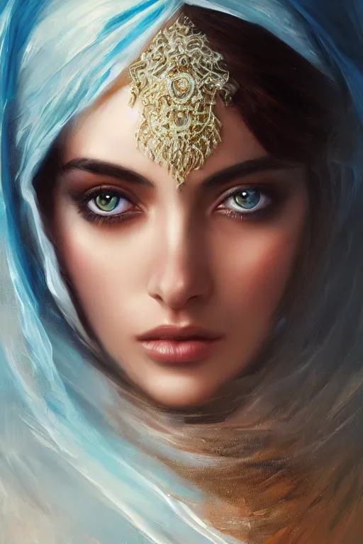 Image similar to modern tanned Ameera al-Taweel, bright blue eyes, wavy black hair, white veil, closeup, focus face, elegant, highly detailed, centered, oil painting, artstation, concept art by tom bagshaw