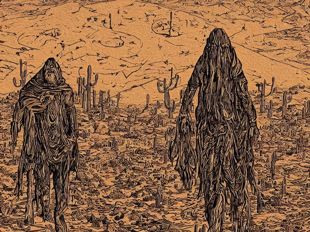 Prompt: mad prophet wearing ritual hoodie walking in desert with spaceship wrecks very beautiful high detailed woodcut matte painting