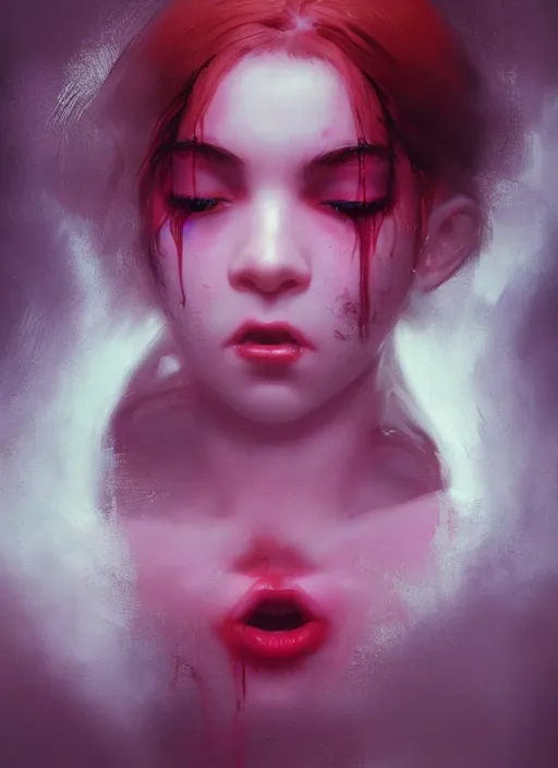Prompt: shot of sinister girl with pouty aerochrome lips, fungal, adorable, expressive eyes, playful pose of a dancer, greg rutkowski, charlie bowater, yuumei, stephen gammell, unreal 5, daz, hyperrealistic, octane render, rpg portrait, dynamic lighting, fantasy art, beautiful face