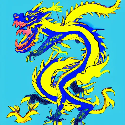 Image similar to illustration neon blue and yellow chinese dragon with ukraine background. trending on artstation