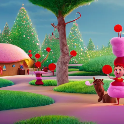 Image similar to Animated film still from a Pixar movie with a Candy land forest during christmas time with anthropomorphic ginger bread people and candy people, rivers made out of chocolate milk, the sky is pink, style of Pixar, Surreal, Angelic, HD, Hyper Realistic