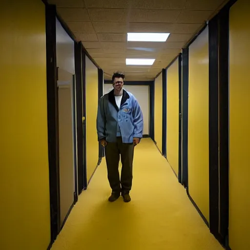 Prompt: flash low quality photograph of a male scientist wearing a lab coat standing lost in the backrooms, mustard - yellow old moldy moist carpet room, empty liminal space, very dark shadows, broken fluorescent lighting, horror movie scene, film grain