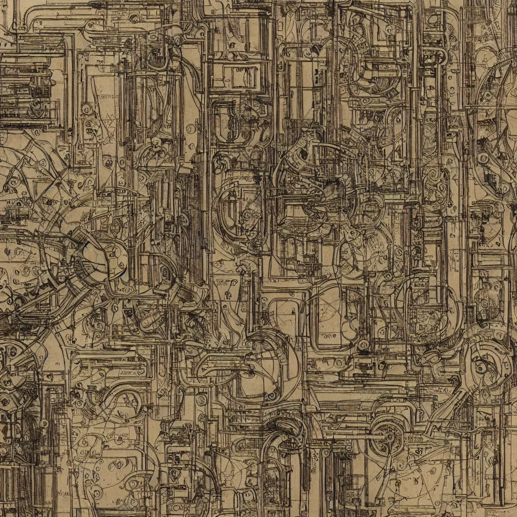 Image similar to close - up on detailed, intricate technical drawings from 1 8 4 0 with extensive written labels and covered in scribbled pencil notes, for a mechanical display attachment to babbage's difference engine, showing a screen playing tetris, beautiful, symmetric, art nouveau