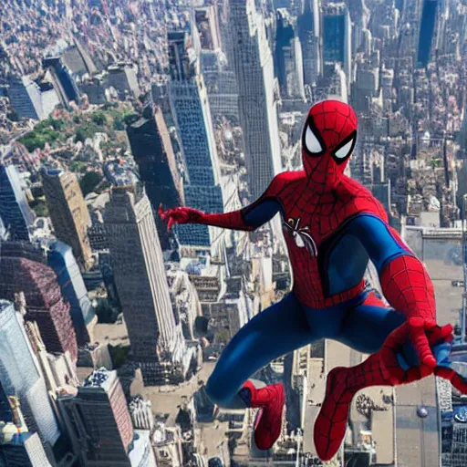 Prompt: marvel spider - man back standing on top of the empire state building