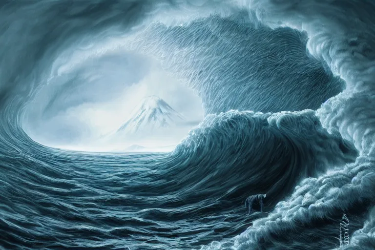 Image similar to cat peeking out from behind a giant tsunami wave, digital painting, epic composition, highly detailed, 8 k