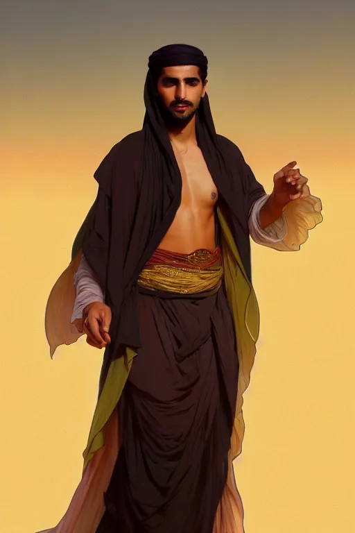 Image similar to full figure beautiful young fit arabic dark man, dressed with multicolored fluent clothes, luminous scene, by greg rutkowski and alphonse mucha, d & d character, gradient white to gold, in front of a dune desert background, highly detailed portrait, digital painting, artstation, concept art, smooth, sharp focus illustration, artstation hq