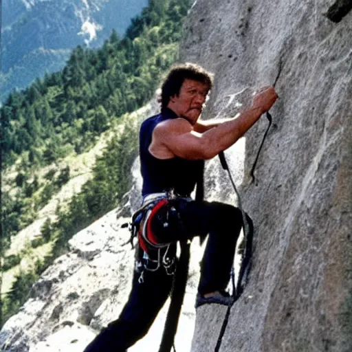 Prompt: sylvester stallone climbing a difficult rock climbing mountain