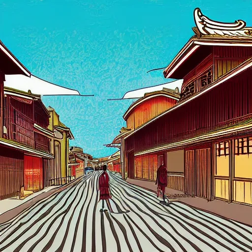 Image similar to street of american Western Town with Edo Period Japan design; digital art