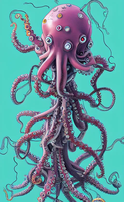 Image similar to robotic octopus by miyazaki, illustration, kenneth blom, mental alchemy, james jean, pablo amaringo, naudline pierre, contemporary art, hyper detailed