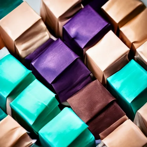 Prompt: beautiful and bright advertising, photography of a package of handmade, mint chocolate scented soap, wrapped in dark brown ribbons, studio quality, hdr 8 k photograph