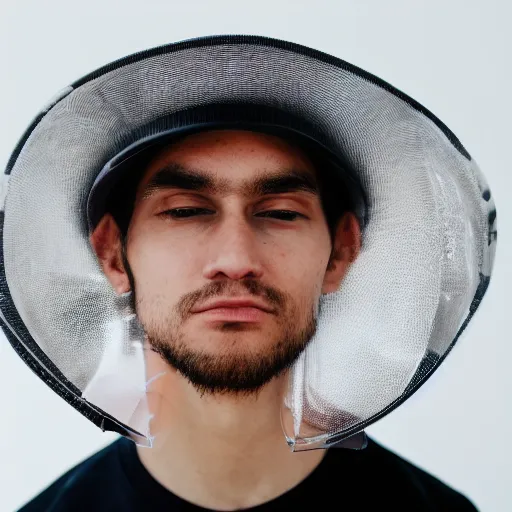 Image similar to photo of a man wearing a transparent bucket on his head