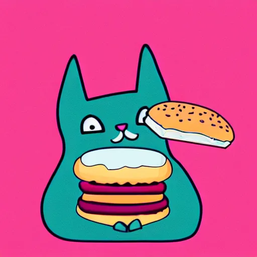 Image similar to a pink cat eating a hamburger