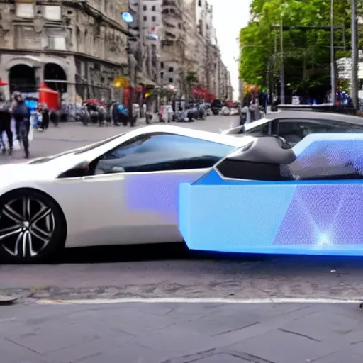 Image similar to Buenos Aires Argentina, futuristic cars in the street, holograms in the street, detailed, hd