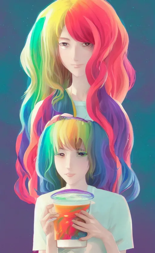 Image similar to a kawaii woman with rainbow hair, happy, summer time, holding boba tea drink, soft eyes and narrow chin, dainty figure, long hair straight down, kawaii shirt and jeans, basic white background, In style of by Jordan Grimmer and greg rutkowski, crisp lines and color