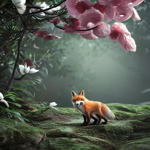 Image similar to small red fox in a forest full of white magnolias, fantasy, octane render, highly detailed