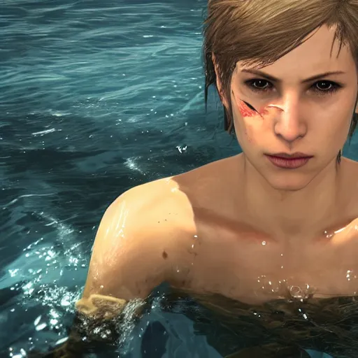 Image similar to quiet from metal gear solid v, swimming, wet, shark nearby