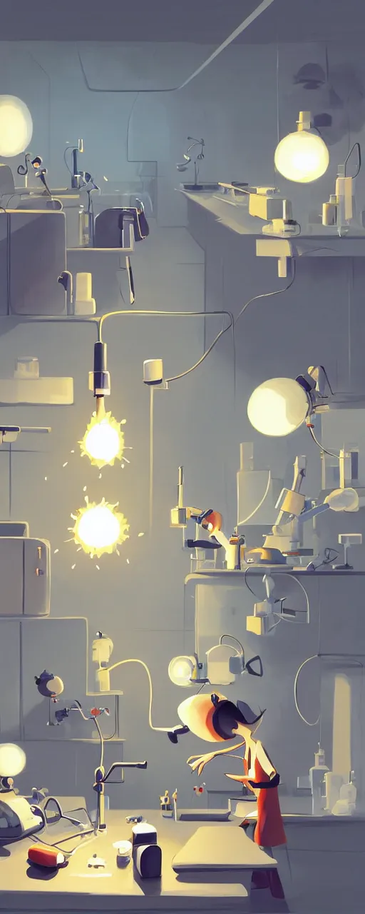 Image similar to goro fujita ilustration a science laboratory in a game dev studio office, explosion in the laboratory, small sparkles from computers, painting by goro fujita, sharp focus, highly detailed, artstation